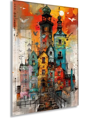 Generic Renkli Şehir Evleri Cam Tablo – Modern Kentsel Mimari Temalı Soyut Sanat, Uv Baskılı Temperli Cam Duvar Tablosu - PEONY034