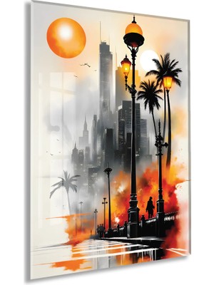 Generic Modern Şehir Manzarası Cam Tablo – Gün Batımı Temalı Sanatsal Uv Baskılı Temperli Cam Duvar Tablosu - PEONY004