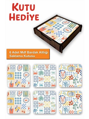 UNT 6’lı Mdf Bardak Altlığı Saklama Kutulu – Dekoratif Akdeniz Esintileri Desenli