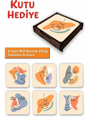 UNT 6’lı Minimal Line Art Desenli Mdf Bardak Altlığı Seti – Ahşap Saklama Kutulu, Kutu Hediye