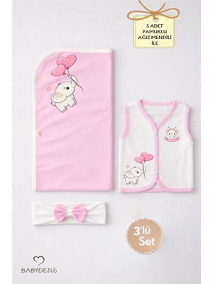 Babyden's Kız Bebek 3’lü Set Pamuklu Kalp Jakar Desenli Fil Baskılı Yelek ,battaniye ,saç Bandı,yenidoğan Seti