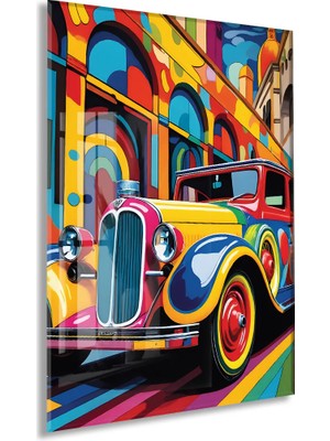 Generic Renkli Klasik Araba Cam Tablo – Retro Otomobil Temalı Modern Pop Art, Uv Baskılı Temperli Cam Duvar Tablosu - PEONY036