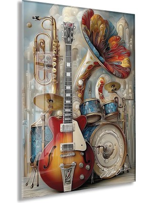 Generic Modern Müzik Temalı Cam Tablo – Gitar, Trompet ve Davul Detaylı, Sanatsal Uv Baskılı Temperli Cam Duvar Dekoru - PEONY043