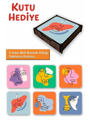 UNT 6’lı Minimal Line Art Desenli Mdf Bardak Altlığı Seti – Ahşap Saklama Kutulu, Kutu Hediye