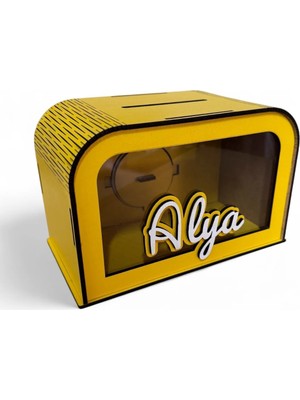 UNT Kişiye Özel Isimli Ahşap Kumbarası – Sarı Renk Mdf Tasarım