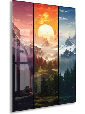 Generic Modern Çok Panelli Dağ ve Gün Batımı Cam Tablo – Doğa Manzarası Temalı Uv Baskılı Temperli Cam Duvar Tablosu - PEONY003