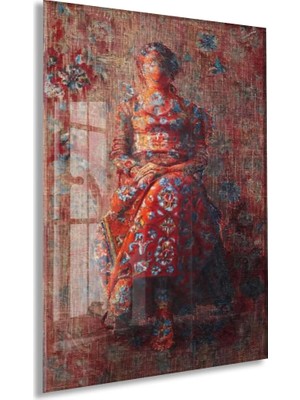 Generic Oryantal Desenli Kırmızı Elbiseli Kadın Figürlü Cam Tablo – Sanatsal ve Vintage Duvar Dekoru - PEONY059