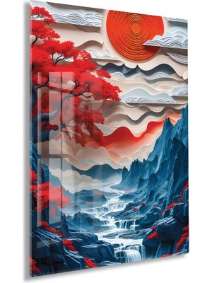 Generic Modern Soyut Asya Manzarası Cam Tablo – Kızıl Güneş ve Dağ Temalı Sanatsal Uv Baskılı Temperli Cam Duvar Tablosu - PEONY009