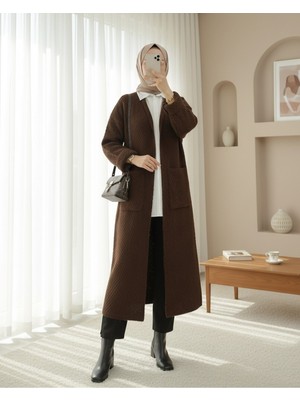 Moda Morfo Çift Cepli Uzun Triko Hırka -Kahve