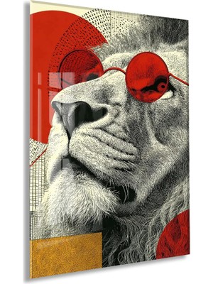 Generic Lider Ruhlu Aslan Cam Tablo – Kırmızı Detaylı Modern Pop Art Duvar Dekoru - PEONY080