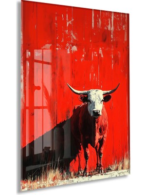 Generic Kırmızı Zeminli Boğa Cam Tablo – Modern Güç ve Kararlılık Temalı Duvar Dekoru - PEONY075