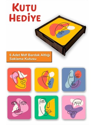 UNT 6’lı Minimal Line Art Desenli Mdf Bardak Altlığı Seti – Ahşap Saklama Kutulu, Kutu Hediye
