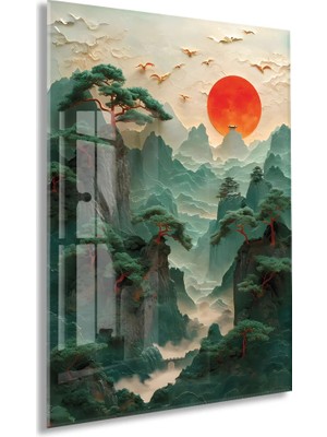 Generic Modern Asya Manzarası Cam Tablo – Dağ ve Kızıl Güneş Temalı Sanatsal Uv Baskılı Temperli Cam Duvar Tablosu - PEONY008