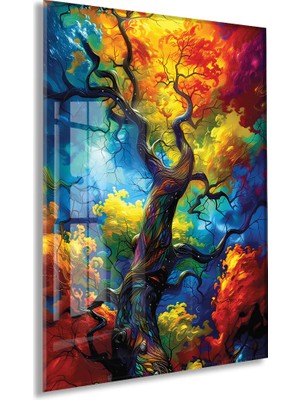 Generic Renk Patlaması Soyut Ağaç Cam Tablo – Modern Sanat Temalı Uv Baskılı Temperli Cam Duvar Tablosu - PEONY027