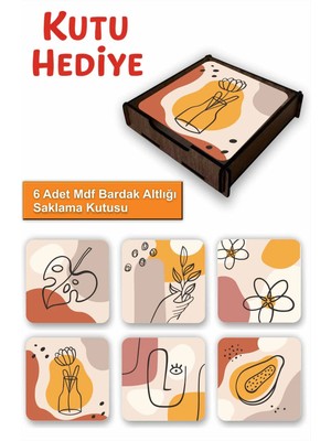 UNT 6’lı Minimal Line Art Desenli Mdf Bardak Altlığı Seti – Ahşap Saklama Kutulu, Kutu Hediye