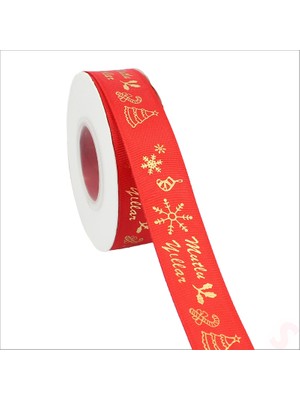 Süsle Bebek ve Parti Yılbaşı Mutlu Yıllar Altın Baskılı Grogren Kurdele, 2,5cm x 23MT - Kırmızı