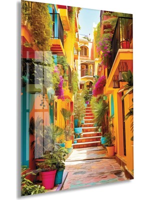 Generic Renkli Akdeniz Sokağı Cam Tablo – Canlı Mimari ve Dar Sokak Temalı Dekoratif Duvar Tablosu - PEONY054