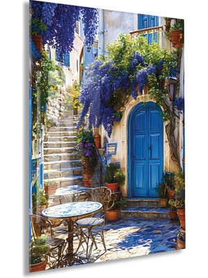 Generic Mavi Kapılı Akdeniz Sokağı Cam Tablo – Çiçekli Taş Merdiven ve Ege Esintili Duvar Dekoru - PEONY055