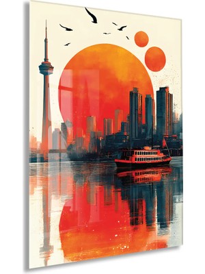 Generic Modern Şehir Silüeti Cam Tablo – Gün Batımı Temalı Sanatsal Uv Baskılı Temperli Cam Duvar Tablosu - PEONY005
