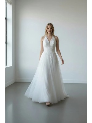 S&G Gelinlik Boyundan Bağlı Büyük Beden Gelinlik