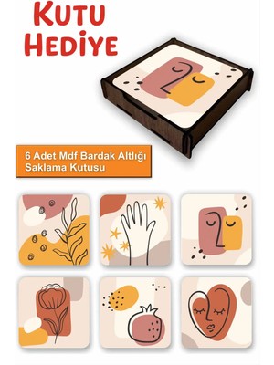 UNT 6’lı Minimal Line Art Desenli Mdf Bardak Altlığı Seti – Ahşap Saklama Kutulu, Kutu Hediye