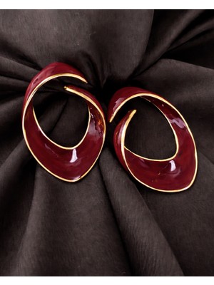 Asimetrik Bordo Mineli Gold Renk Detaylı Küpe