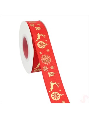Süsle Bebek ve Parti Altın Baskılı Yılbaşı Grogren Kurdele, 2,5cm x 23MT - Kırmızı