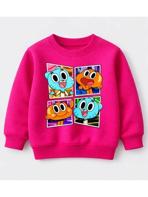 Efendioğlu Design Sweatshirt Gumball ve Darwin 4 Foto Baskılı Pamuklu 3 Iplik Şardonsuz Sweatshirt