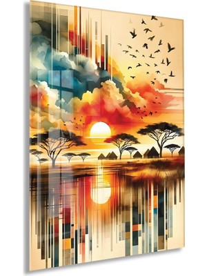 Generic Modern Soyut Afrika Gün Batımı Cam Tablo – Doğa ve Manzara Temalı Sanatsal Uv Baskılı Temperli Cam Duvar Tablosu - PEONY006