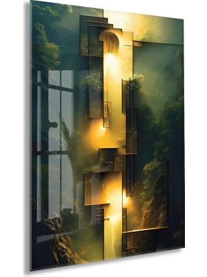 Generic Altın Işık ve Geometrik Formlar Cam Tablo – Modern, Derinlikli ve Şık Duvar Sanatı - PEONY025