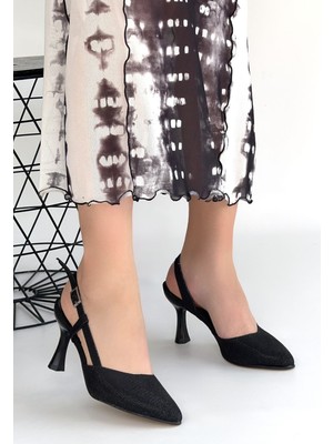Alfaze Siyah Cilt Simli Sivri Burun Arkası Açık Topuklu Ayakkabı Topuk Boyu 8 cm