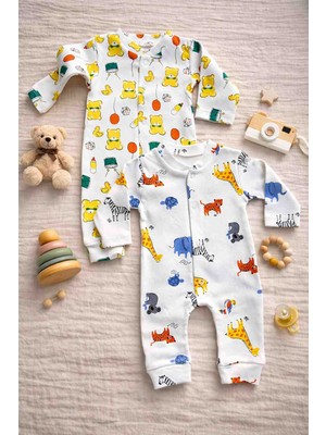 UmBaby Safari & Ayıcık Desen 2 Li Erkek Bebek Tulum Set %100 Pamuk