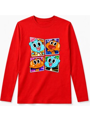 Efendioğlu Design Uzun Kollu Gumball ve Darwin 4 Foto Baskılı Pamuklu T-Shirt