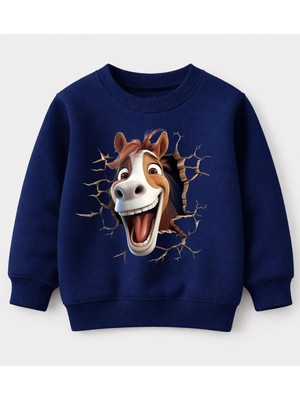 Efendioğlu Design Sweatshirt 3D Baskılı Gülen At Görseli Baskılı Pamuklu 3 Iplik Şardonsuz Sweatshirt