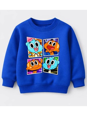 Efendioğlu Design Sweatshirt Gumball ve Darwin 4 Foto Baskılı Pamuklu 3 Iplik Şardonsuz Sweatshirt