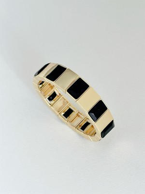 QA Quella Accessories Rodyum Siyah Kare Taşlı 14 Ayar Altın Kaplama Gold Ayarlanabilir Lastik Bileklik