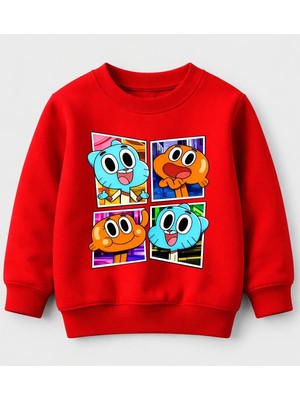 Efendioğlu Design Sweatshirt Gumball ve Darwin 4 Foto Baskılı Pamuklu 3 Iplik Şardonsuz Sweatshirt