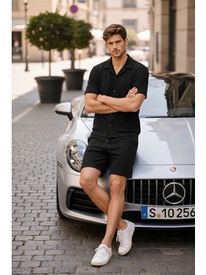 Velmora Fashion Erkek Waffle Kumaş Kısa Kollu Gömlek Şort Takım Regular Fit Yazlık Ikili Set - Siyah