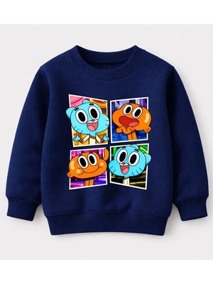 Efendioğlu Design Sweatshirt Gumball ve Darwin 4 Foto Baskılı Pamuklu 3 Iplik Şardonsuz Sweatshirt