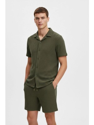 Velmora Fashion Erkek Waffle Kısa Kollu Gömlek Şort Takım Regular Fit Ikili Set - Haki