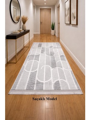 NarStore Home Kaymaz Taban Gri Saçaklı Modern Geometrik Desenli Kalın Yıkanabilir Yolluk Halı