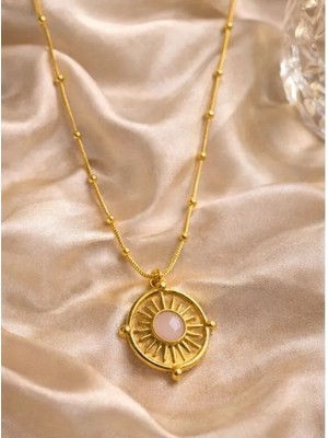 Stainless Steel Pembe Taşlı Zarif Vintage Çelik Kolye