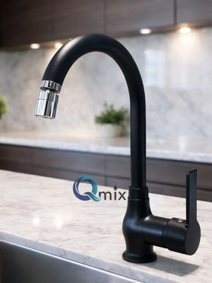 Qmix LÜX MUTFAK EVİYE BATARYASI ÇİFT SU GİRİŞLİ ÖZEL SİYAH RENK PİRİNÇ GÖVDE 360 DERECE HAREKETLİ PERLATÖR