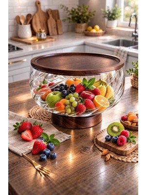 Morponi Borosilikat Camlüks  Akasya Kapaklı ve Akasya Ayaklı Cam Kase - Sunumluk-Salata Kasesi 20 cm