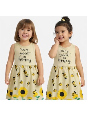Akku Yeşil Arı & Ayçiçeği Desenli Kız Çocuk Elbise