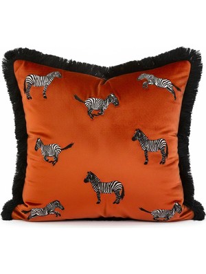 GE Living Zebra Desenli Dekoratif Yastık Kılıfı - Modern Kiremit Kadife Kırlent