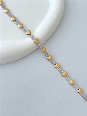 QA Quella Accessories Özel Kaplama 14K Kalp Zirkon Choker Silver-Gold Kolye 42+5 cm