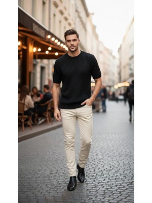 Jakc Ways Fitilli Oversize Bisiklet Yaka Triko / Sıfır Yaka Kazak