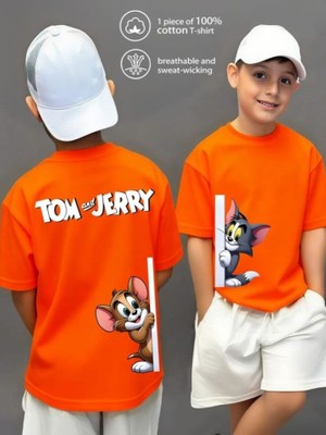 Punix Kids Punıx Kıds Tom ve Jerry Ön ve Sırt Baskılı %100 Pamuk Turuncu Renk Yazlık Erkek Cocuk T-Shırt