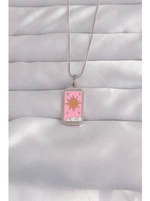 Hayat Store 316L Çelik Gümüş Renk Pembe Mineli Güneş Model Tarot Kolye - Lisinya